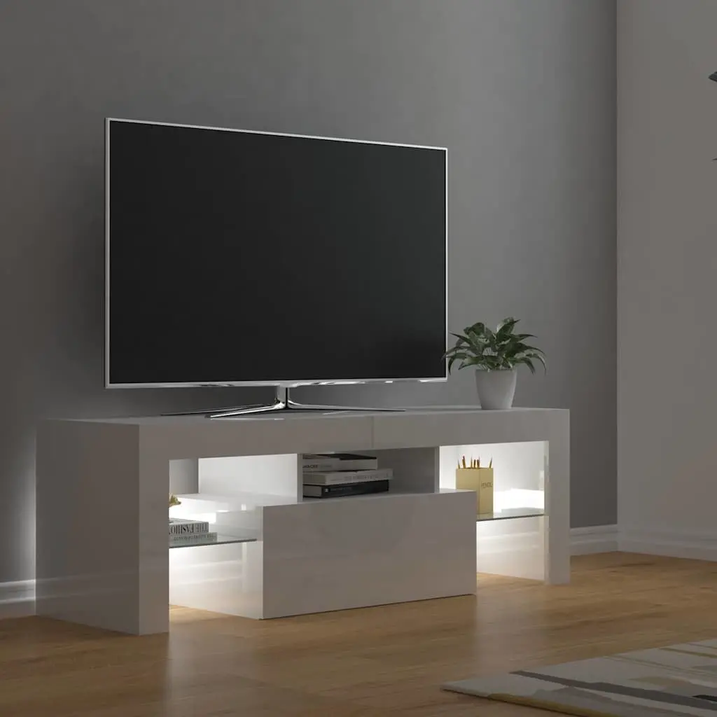 TV Cabinet Modern High Gloss White RGB LED Lights Spacious Media Stand