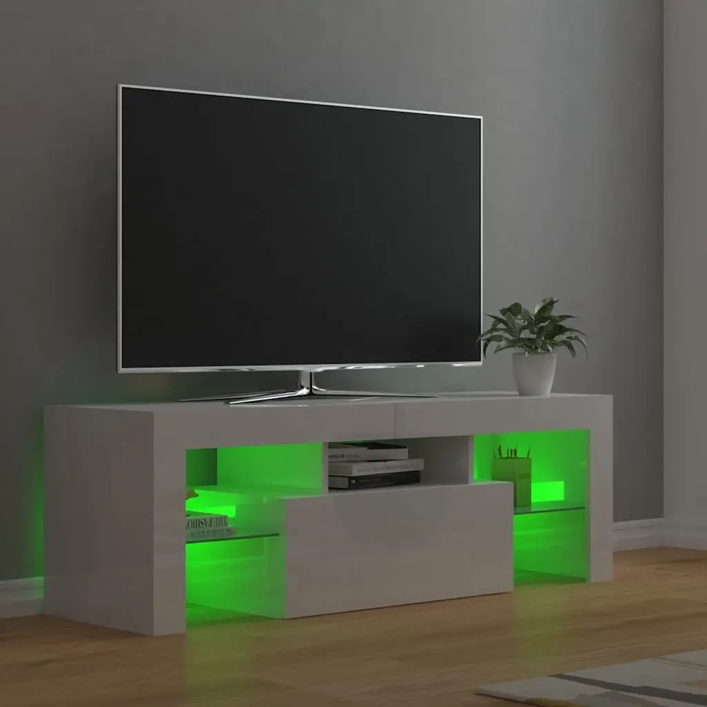 TV Cabinet Modern High Gloss White RGB LED Lights Spacious Media Stand