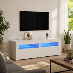 Contemporary White TV Cabinet with Storage and LED Lights