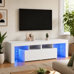 140cm White TV Cabinet with RGB LED Lights and Storage