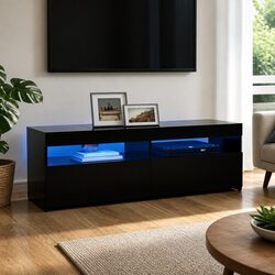 Black TV Cabinet with RGB LED Lights for Media Storage