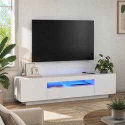 LED-Illuminated White TV Cabinet with Floating Shelves