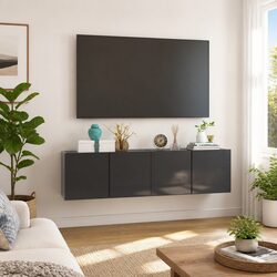 Two Piece Wall Mounted TV Cabinet Set in Grey