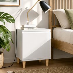 Nightstand with Solid Wood Legs - White Storage Cabinet