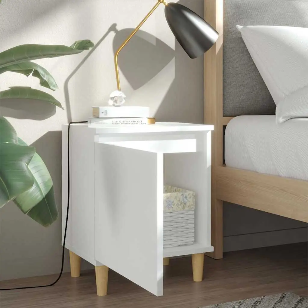 Bedside Table Storage Cabinet Solid Wood Legs White 2 Pieces