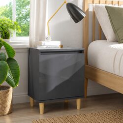 Grey High Gloss Bedside Cabinet with Wooden Legs