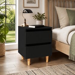 Black 2-Piece Bedside Table Set with Storage Drawers