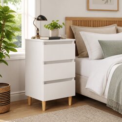 White Bedside Table with 3 Drawers and Solid Wood Legs