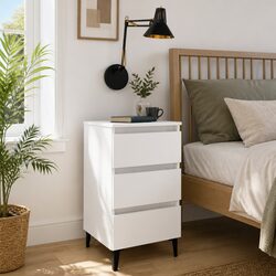Three-Drawer White Nightstand with Metal Legs