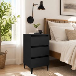 Three-Drawer Black Nightstand with Metal Leg Support