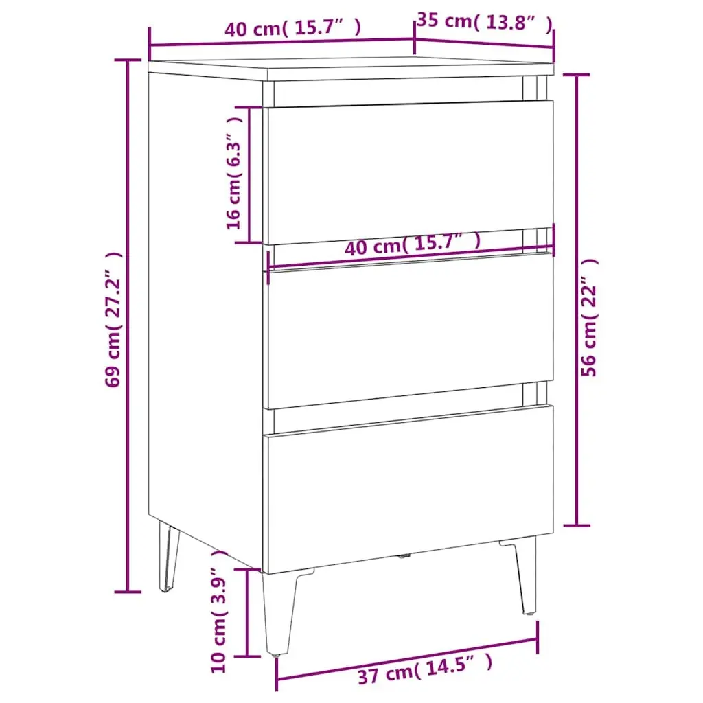 Bedside Cabinet with Metal Legs Black Storage Nightstand 40 x 35 x 69 cm
