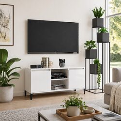 Industrial White High Gloss TV Cabinet with Metal Support