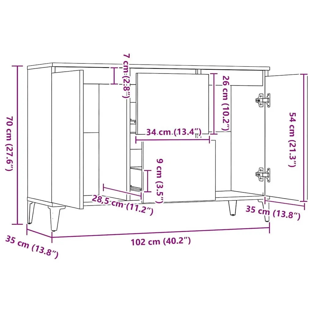 Sideboard with Drawers and Doors Brown Storage Cabinet Living Room Furniture 102W x 35D x 70H cm