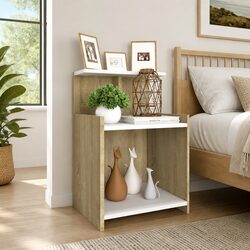 White Nightstand with 3 Open Shelves, Sonoma Oak Finish