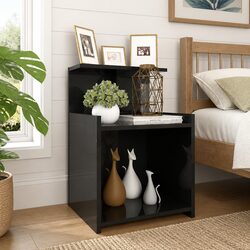 Set of 2 High Gloss Black Nightstands with Open Storage
