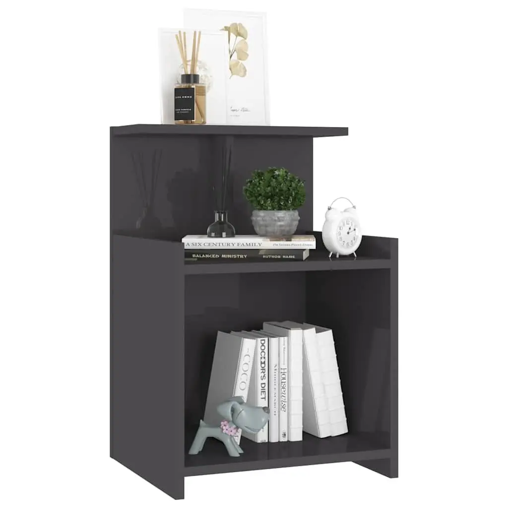 Bedside Table High Gloss Grey Bed Cabinet Nightstand with 3 Open Shelves