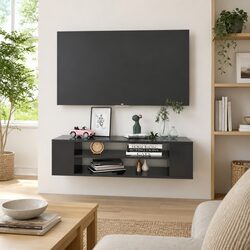 Grey Wall-Mounted TV Cabinet with Open Compartments