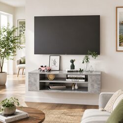 Wall-Mounted TV Cabinet in Grey with Durable Open Compartments