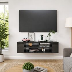 Wall-Mounted TV Cabinet in High Gloss Black Finish