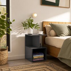 High Gloss Grey Nightstand Set with Open Storage Compartments
