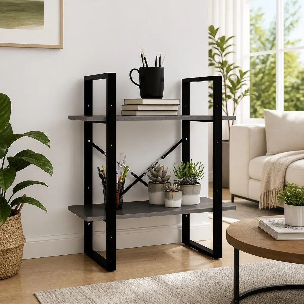 2 Tier Bookshelf Solid Pine Wood Grey Compact Storage Unit