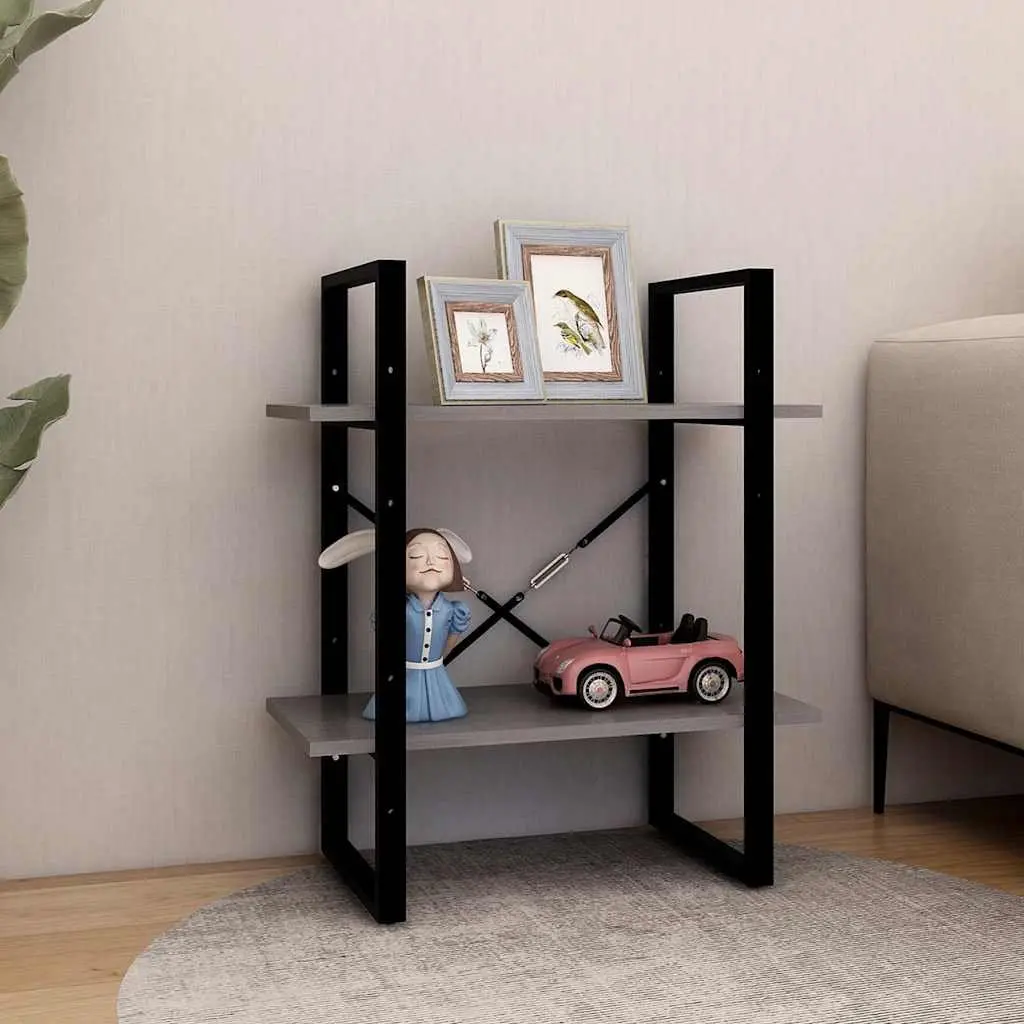 2 Tier Bookshelf Solid Pine Wood Grey Compact Storage Unit