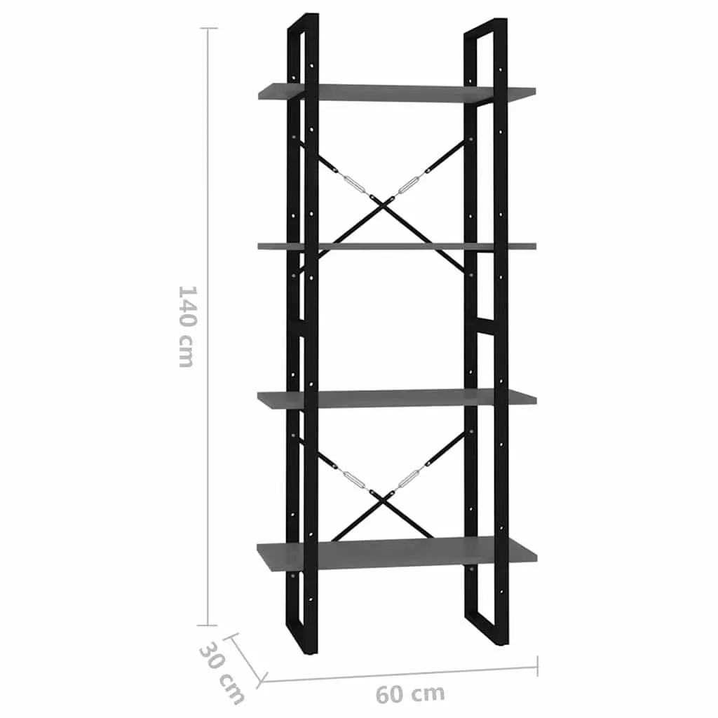 4-Tier Bookcase Industrial Style Storage Shelving Unit Grey 60x30x140cm