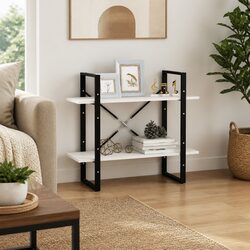 2-Tier White Bookcase with Solid Pine Wood Construction
