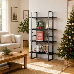 Black Engineered Wood 4-Tier Book Cabinet with Adjustable Shelves