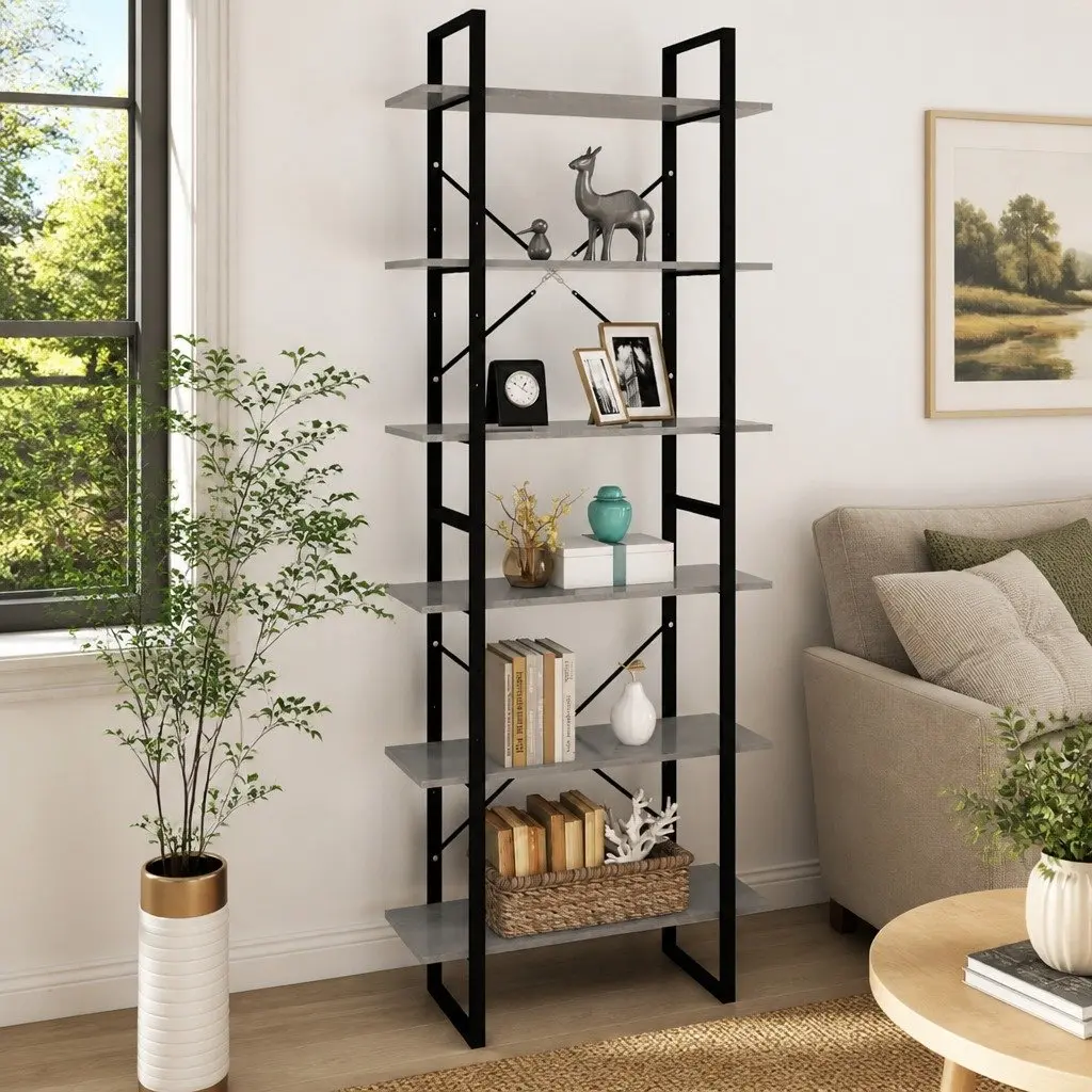 High Cabinet Industrial Look Grey Engineered Wood Storage Bookcase 6 Shelves