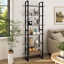 Grey Engineered Wood Storage Bookcase with Metal Frame