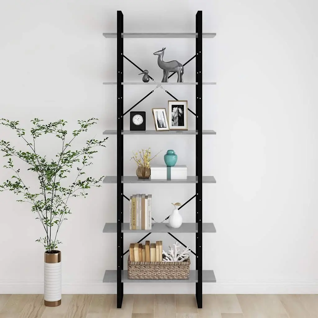 High Cabinet Industrial Look Grey Engineered Wood Storage Bookcase 6 Shelves