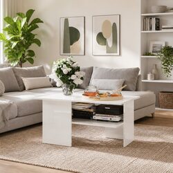 High Gloss White Coffee Table with Built-In Storage Shelf