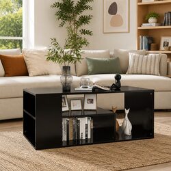 Black Coffee Table with Shelves for Practical Living Room Use