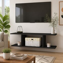 Grey Wall Mounted TV Cabinet with Open Compartments