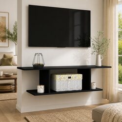 Wall Mounted TV Cabinet - High Gloss Black with Open Compartment