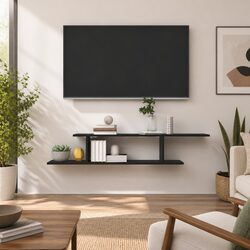 Black Wall-Mounted TV Shelf with Floating Design
