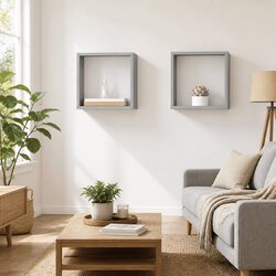 2-Piece Grey Floating Cube Shelves for Wall Storage
