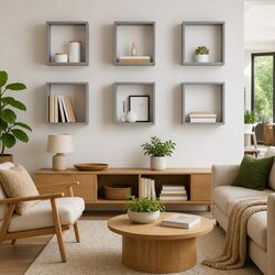 6 Grey Wall-Mounted Cube Shelves for Organized Display
