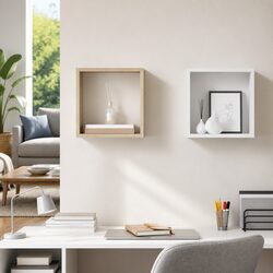 Wall Cube Shelves - 2 Piece Storage Organizer in White Oak
