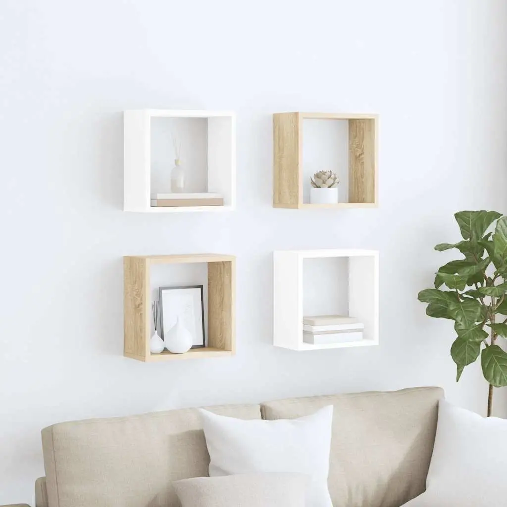 Wall Cube Shelves Set 4 Piece Floating Storage Organizer White Sonoma Oak