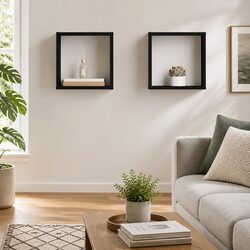 Set of 2 High Gloss Black Floating Wall Cube Shelves