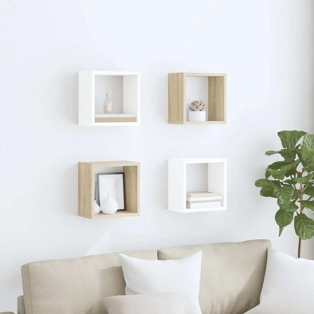 Cube Shelves Floating Organizer 26cm White Sonoma Oak 4 Piece Storage Display