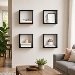 4-Piece Wall Cube Shelf Set in High Gloss Black