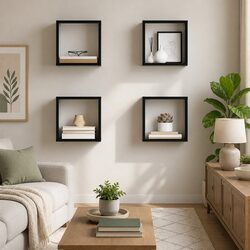 Set of 4 Grey Floating Cube Shelves for Wall Display