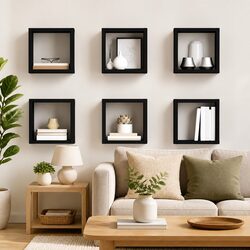 6 Piece Black Floating Wall Cube Shelf Set