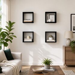 Wall-Mounted Cube Shelves Set of 4, High Gloss Black