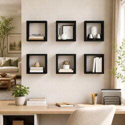 6 Black Wall Cube Shelves - Floating Storage Solution