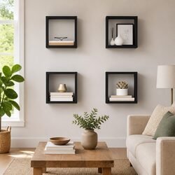 4 Grey Floating Cube Shelves - Practical Wall Storage