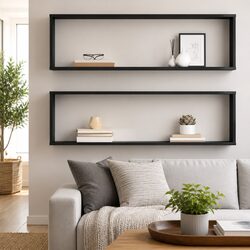 Set of 2 Wall Cube Shelves Grey Engineered Wood 100x15x30 cm